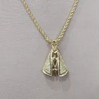 COLAR CORDÃO BAIANO PINGENTE DE NOSSE SENHORA UMA FACE CRAVEJADO ZIRCONIA CRISTAL E AZUL