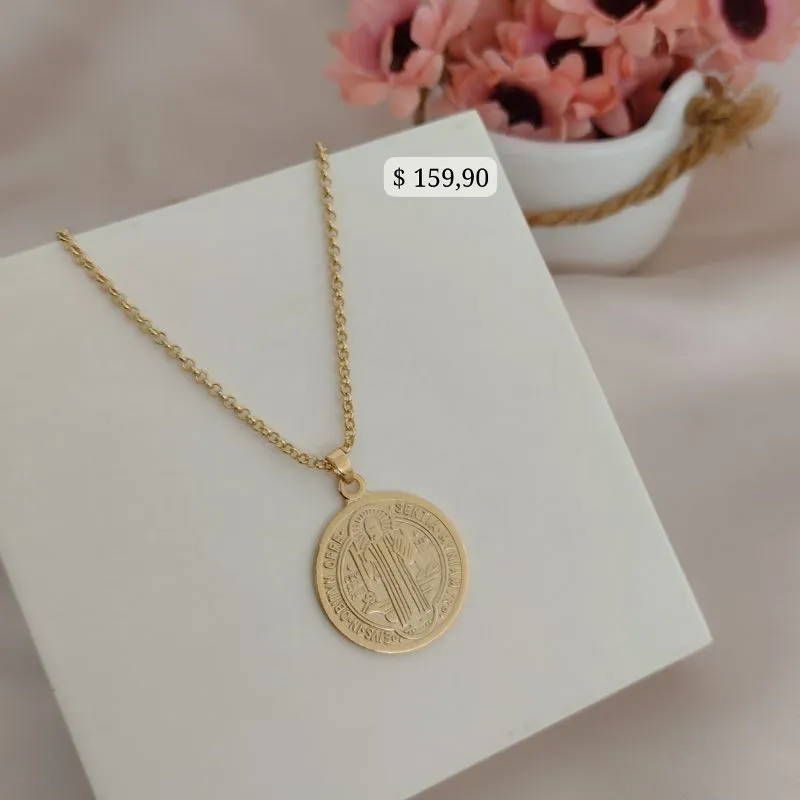 COLAR DE ELO PORTUGUES COM PINGENTE GRANDE DE SÃO BENTO