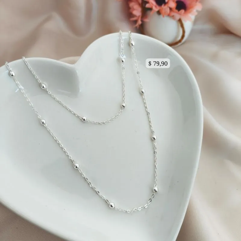 COLAR DUPLO ELO PORTUGUES COM MINI ESFERAS B. A PRATA 925