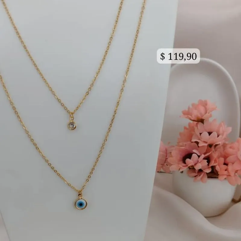 COLAR DUPLO EM ELO PORTUGUES COM PONTO DE LUZ E OLHO GREGO