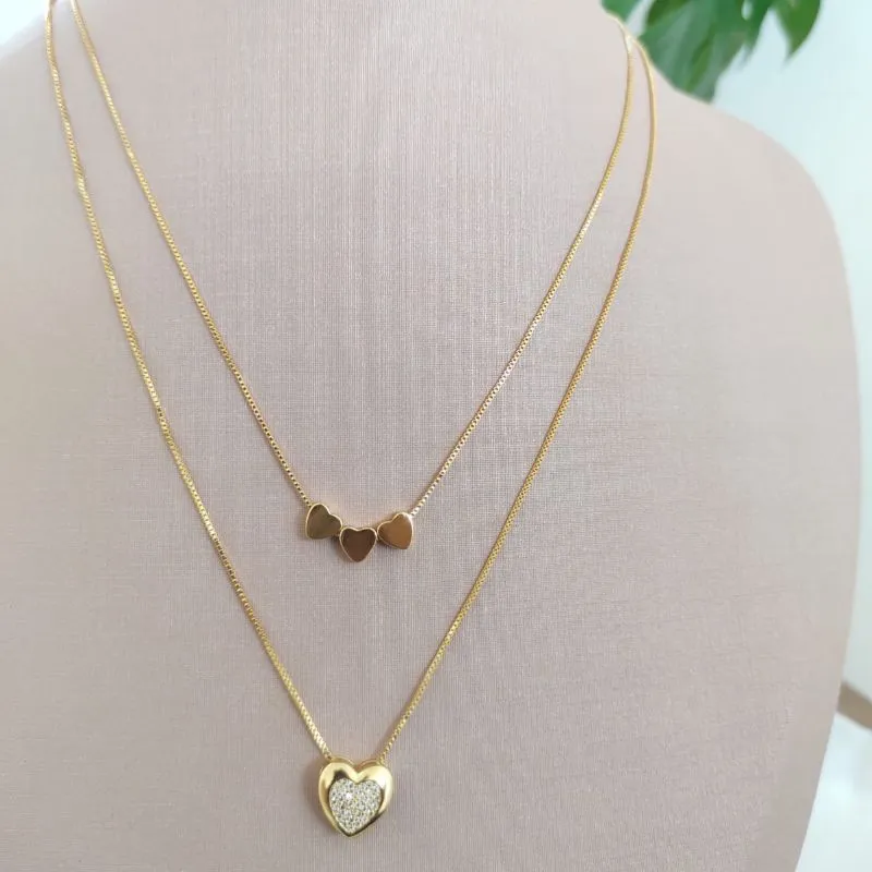 COLAR DUPLO VENEZIANA CORAÇÃO CRAVEJADO E LISO COLAR DUPLO VENEZIANA CORAÇÃO CRAVEJADO E LISO