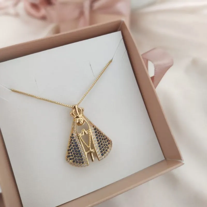 COLAR NOSSA SENHORA APARECIDA CRAVEJADA ZIRCONIA AZUL