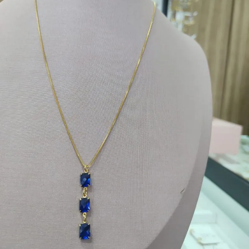 COLAR VENESIANA PINGENTE 3 PEDRAS AZUL ZIRCONIA