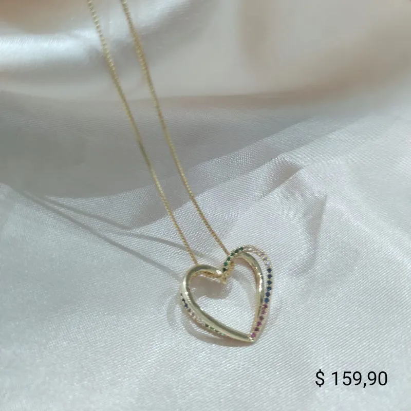 COLAR VENESIANA PINGENTE CORAÇÃO 3D LISO E CRAVEJADO ZIRCONIA COLORIDA