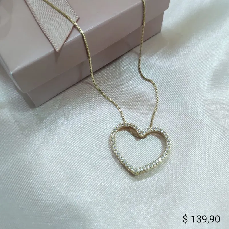 COLAR VENESIANA PINGENTE CORAÇÃO VAZADO 1 FILA DE ZIRCONIA COM GRADE
