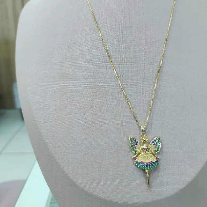 COLAR VENESIANA PINGENTE FADA CRAVEJADA ZIRCONIA COLORIDA