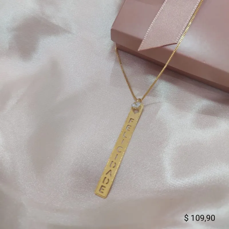 COLAR VENESIANA PINGENTE FELICIDADE VAZADO E PONTO DE LUZ