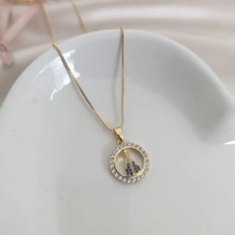 COLAR VENESIANA PINGENTE NOSSA SENHORA ZIRCONIA AZUL E ZIRCONIA AO REDOR 14MM COLAR VENESIANA PINGENTE NOSSA SENHORA ZIRCONIA AZUL E ZIRCONIA AO REDOR 14MM