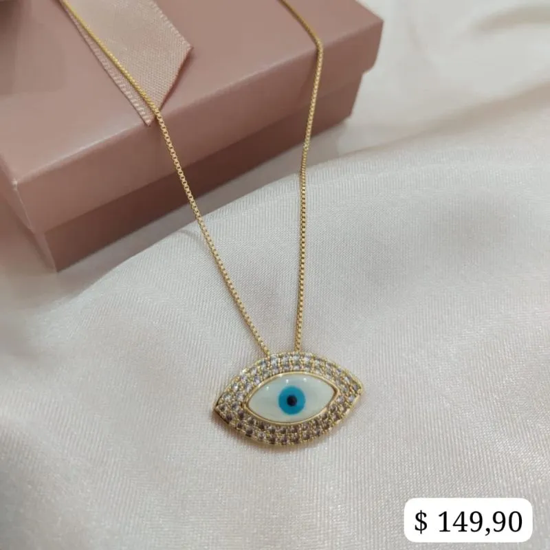 COLAR VENESIANA PINGENTE OLHO GREGO MADRE PEROLA OVAL CRAVEJADO AO REDOR 2 FILAS DE ZIRCONIA COLAR VENESIANA PINGENTE OLHO GREGO MADRE PEROLA OVAL CRAVEJADO AO REDOR 2 FILAS DE ZIRCONIA