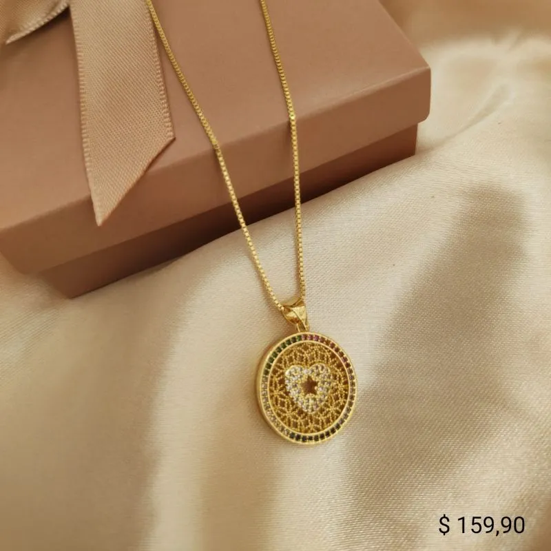 COLAR VENESIANA PINGENTE REDONDO ZIRCONIA COLORIDA COM CORAÇÃO NO MEIO CRAVEJADO ZIRCONIA COLAR VENESIANA PINGENTE REDONDO ZIRCONIA COLORIDA COM CORAÇÃO NO MEIO CRAVEJADO ZIRCONIA