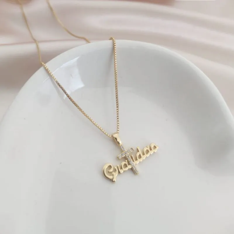 COLAR VENEZIANA PINGENTE GRATIDÃO COM CRUZ CRAVEJADA ZIRCONIA