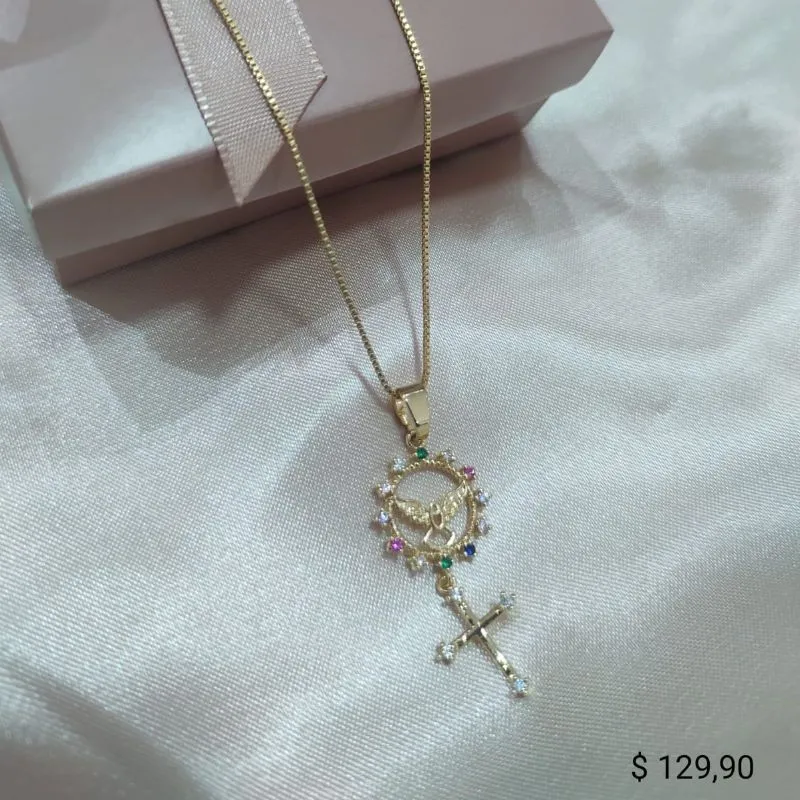 COLAR VENEZIANA PINGENTE REDONDO ESPIRITO SANTO ZIRCONIA COLORIDA E CRUZ COM ZIRCONIA