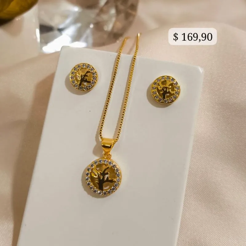 CONJUNTO ARVORE DA VIDA CRAVEJADA EM MICRO ZIRCONIA AO REDOR