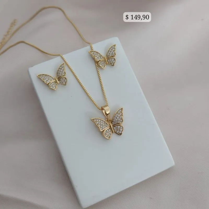 CONJUNTO BORBOLETA CRAVEJADA EM MICRO ZIRCONIA CONJUNTO BORBOLETA CRAVEJADA EM MICRO ZIRCONIA