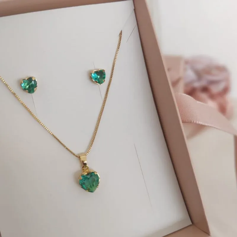 CONJUNTO CORAÇÃO PEDRA VERDE ZIRCONIA CONJUNTO CORAÇÃO PEDRA VERDE ZIRCONIA