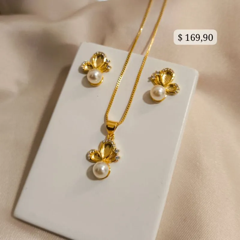 CONJUNTO DE BORBOLETA COM PEROLA E CRAVEJADO EM MICRO ZIRCONIA