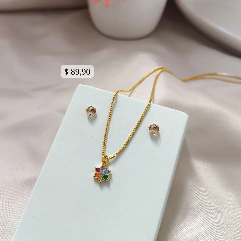 CONJUNTO INFANTIL COM PINGENTE DE FLOR COM ZIRCONIA COLORIDAS E BRINCO PONTO DE LUZ CORES VARIADAS