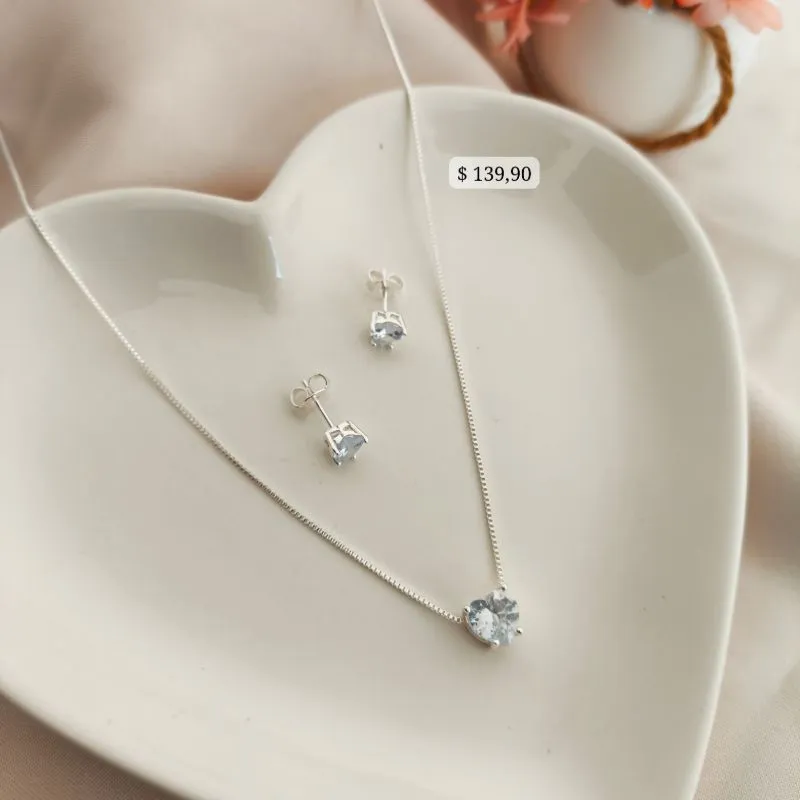 CONJUNTO PEDRA EM FORMA DE CORAÇÃO EM ZIRCONIA B. A PRATA 925
