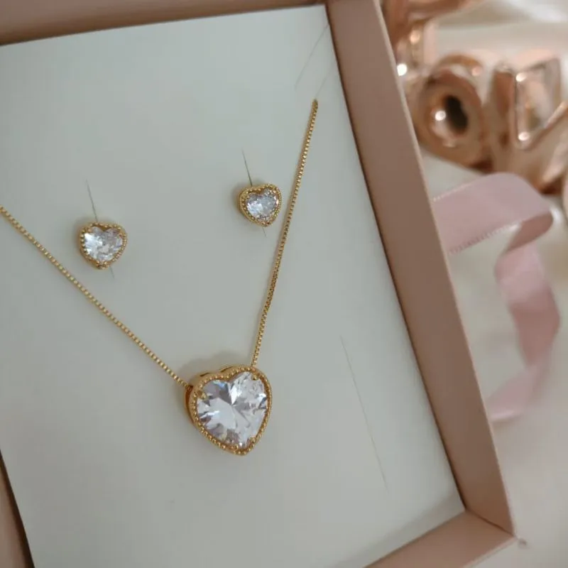 CONJUNTO VENEZIANA CORAÇÃO PEDRA ZIRCONIA 14MM