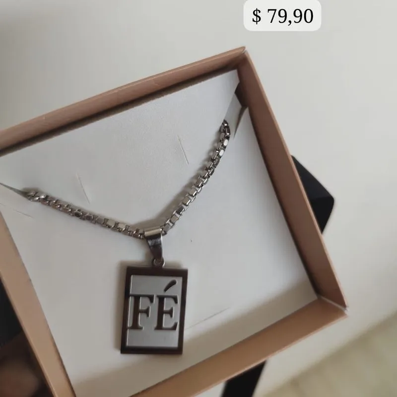 CORRENTE MASCULINA ELO TIJOLINHOS JUNTOS EM AÇO E PINGENTE FE