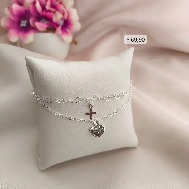PULSEIRA 2 EM 1 COM PINGENTE DE CRUS E CORAÇÃO FÉ B. A PRATA 925