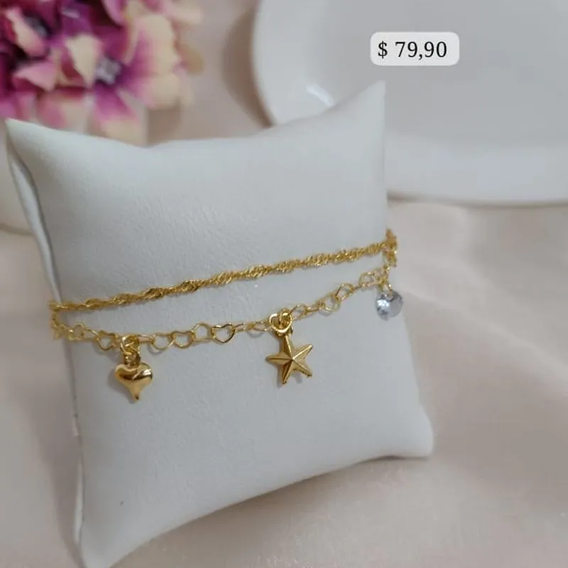 PULSEIRA 2 EM 1 ELOS DE CORAÇÕES E SINGAPURA COM PONTE DE LUZ ESTRELA E CORAÇÃO PULSEIRA 2 EM 1 ELOS DE CORAÇÕES E SINGAPURA COM PONTE DE LUZ ESTRELA E CORAÇÃO