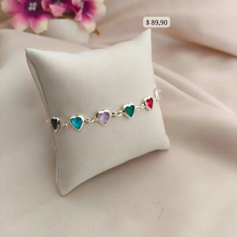 PULSEIRA COM CORAÇÕES COLORIDOS ZIRCONIA B. A PRATA 925