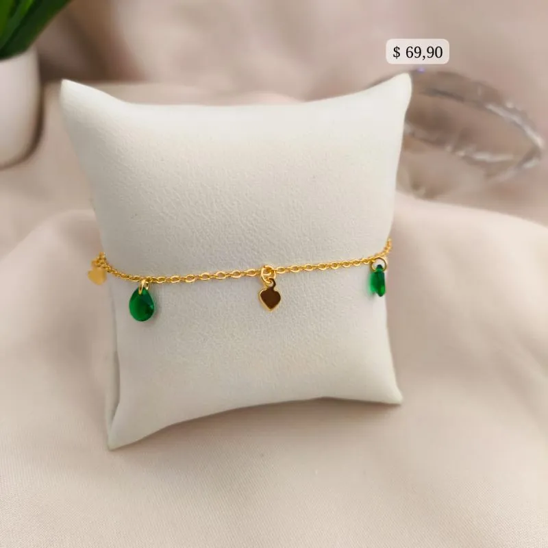 PULSEIRA COM PLACA DE CORAÇÃO E GOTAS VERDE PULSEIRA COM PLACA DE CORAÇÃO E GOTAS VERDE