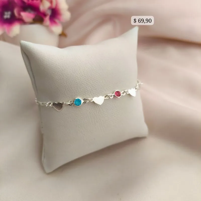 PULSEIRA COM PLACAS DE CORAÇÕES E PEDRAS COLORIDAS ZIRCONIA B. A PRATA 925