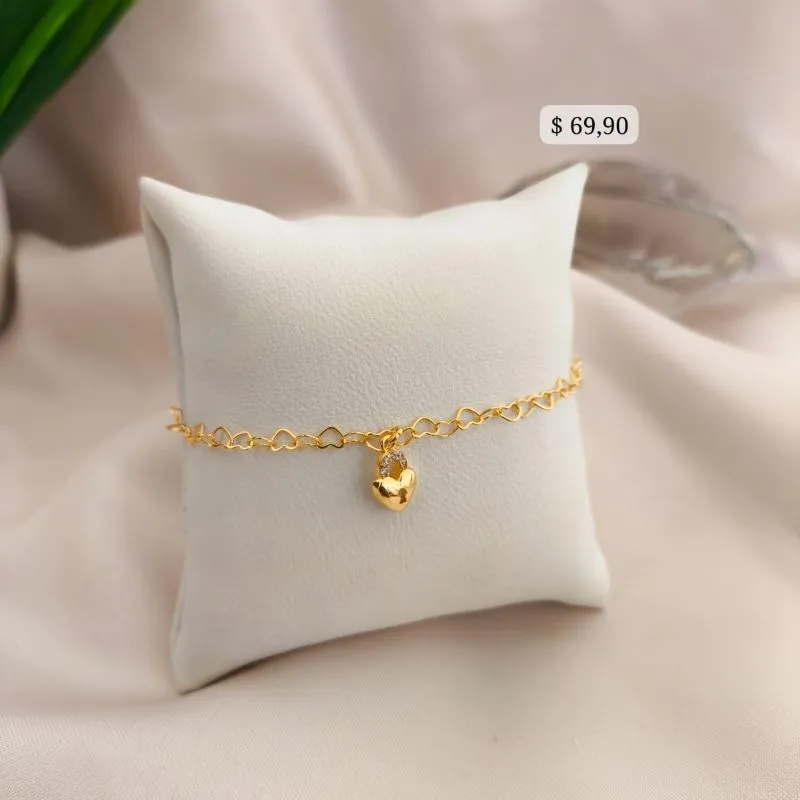 PULSEIRA DE CORAÇÕES ENTRELAÇADOS E PINGENTE DE CADEADO CRAVEJADO EM MICRO ZIRCONIA PULSEIRA DE CORAÇÕES ENTRELAÇADOS E PINGENTE DE CADEADO CRAVEJADO EM MICRO ZIRCONIA