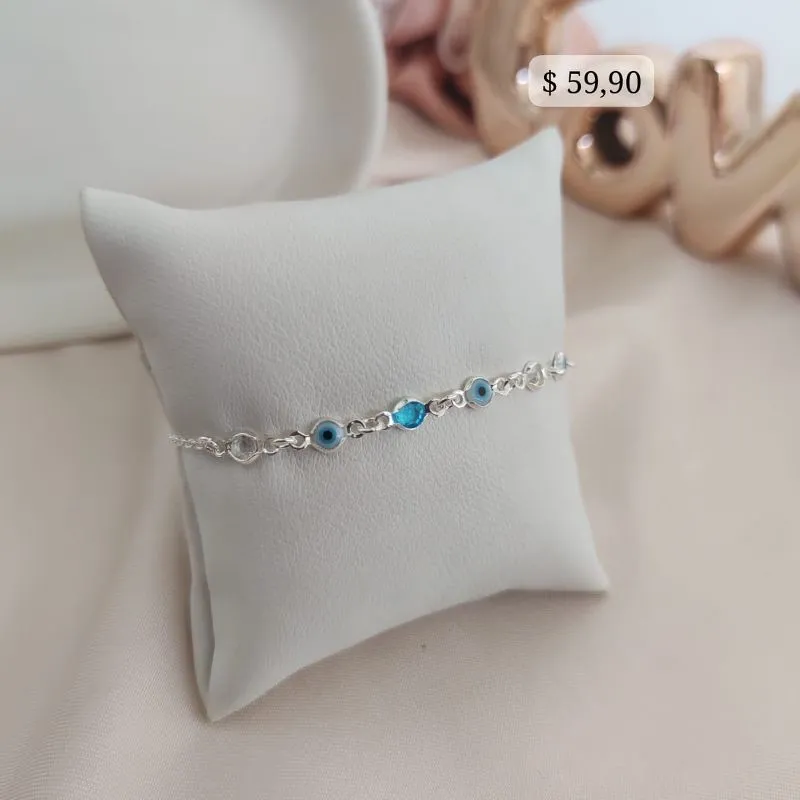 PULSEIRA DE OLHO GREGO E PEDRAS DE ZIRCONIA, AZUL B. PRATA 925