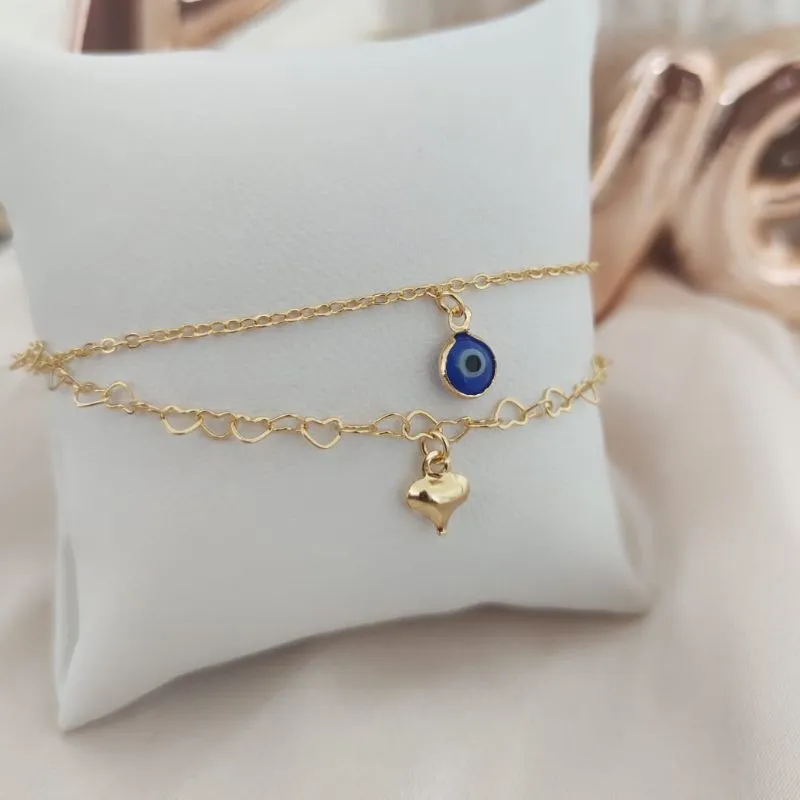 PULSEIRA DUPLA ELO PORTUGUES E CORAÇÃO ENTRELAÇADOS OLHO GREGO E CORAÇÃO BOLEADO PULSEIRA DUPLA ELO PORTUGUES E CORAÇÃO ENTRELAÇADOS OLHO GREGO E CORAÇÃO BOLEADO