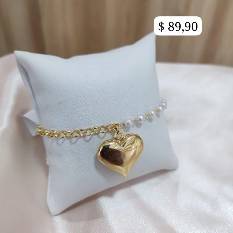 PULSEIRA ELO PORTUGUES E PEROLAS PINGENTE CORAÇÃO BOLEADO