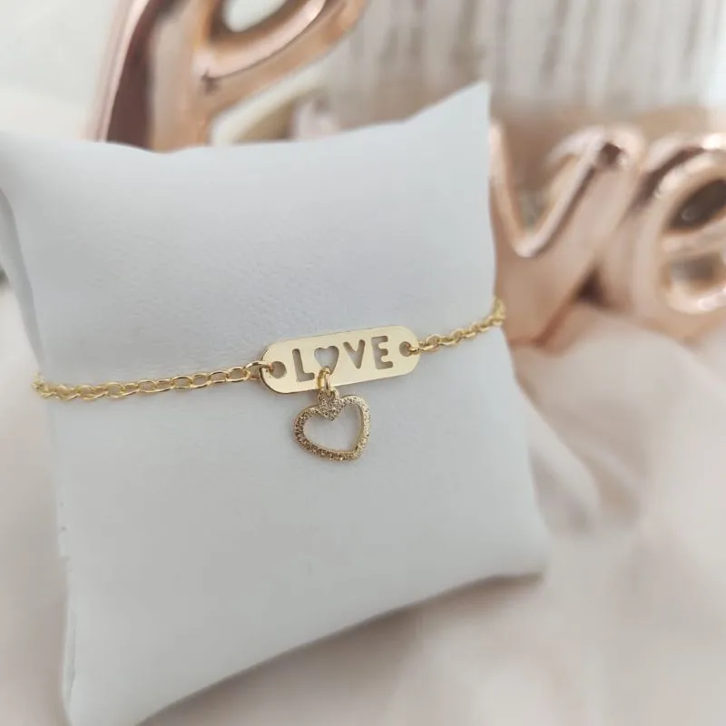 PULSEIRA INFANTIL ELO PORTUGUES COM PLACA LOVE VAZADO E CORAÇÃO CRAQUELADO VAZADO PULSEIRA INFANTIL ELO PORTUGUES COM PLACA LOVE VAZADO E CORAÇÃO CRAQUELADO VAZADO