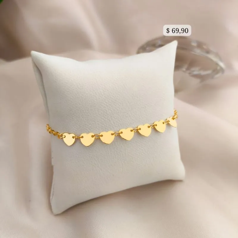 PULSEIRA MEIA EM PLACAS DE CORAÇÃO LISAS E ELO PORTUGUES PULSEIRA MEIA EM PLACAS DE CORAÇÃO LISAS E ELO PORTUGUES