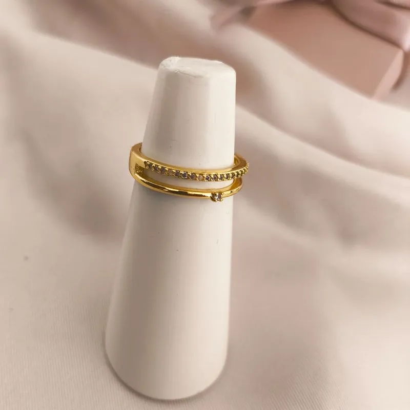 ANEL 2 EM 1 FINO COM PONTO DE LUZ E CRAVEJADO EM MICRO ZIRCONIA