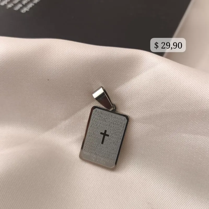 PINGENTE RETANGULAR COM ORAÇÃO PAI NOSSO AÇO