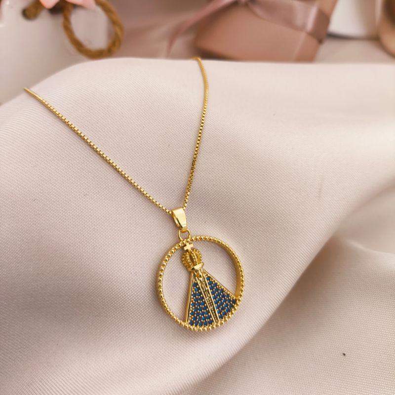 COLAR NOSSA SENHORA APARECIDA  CRAVEJADO EM MICRO ZIRCONIA AZUL REDONDO VAZADO