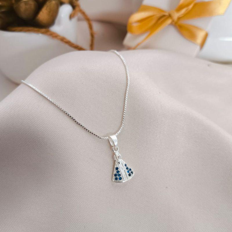 COLAR NOSSA SENHORA APARECIDA CRAVEJADO COM MICRO ZIRCONIA AZUL
