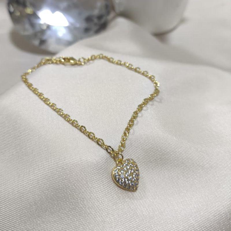 PULSEIRA ELO PORTUGUES FINO COM CORAÇÃO PEQUENO TODO  CRAVEJADO COM MICRO ZIRCONIA PULSEIRA ELO PORTUGUES FINO COM CORAÇÃO PEQUENO TODO  CRAVEJADO COM MICRO ZIRCONIA