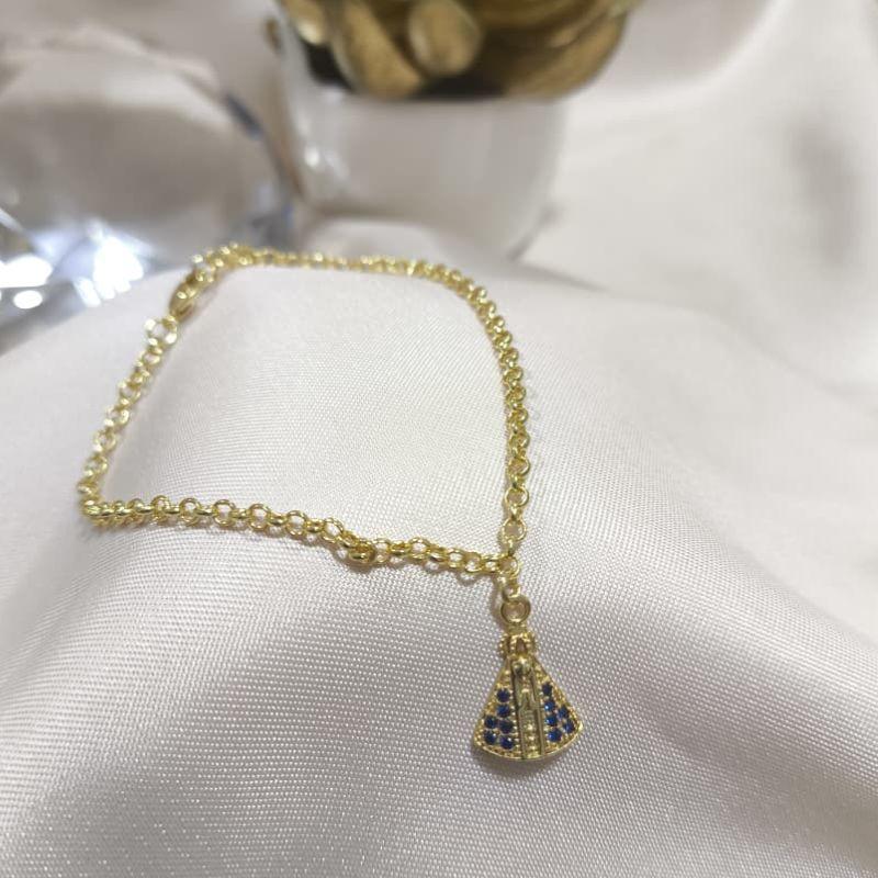 PULSEIRA EM ELO PORTUGUES NOSSA SENHORA APARECIDA CRAVEJADO COM MICRO ZIRCONIA AZUL