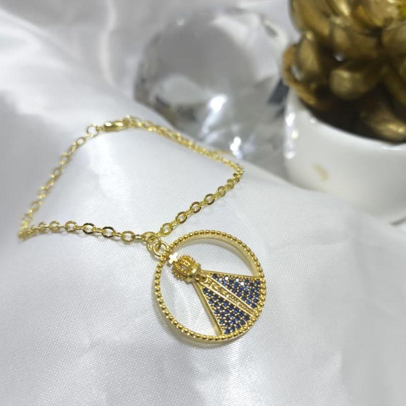 PULSEIRA EM ELO PORTUGUES NOSSA SENHORA APARECIDA REDONDO CRAVEJADO COM MICRO ZIRCONIA AZUL