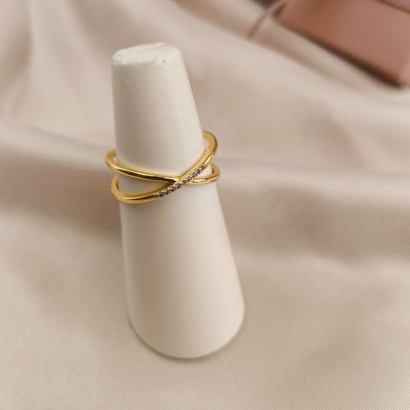 ANEL 2 EM 1 EM FORMA DE X LISO E CRAVEJADO EM MICRO ZIRCONIA