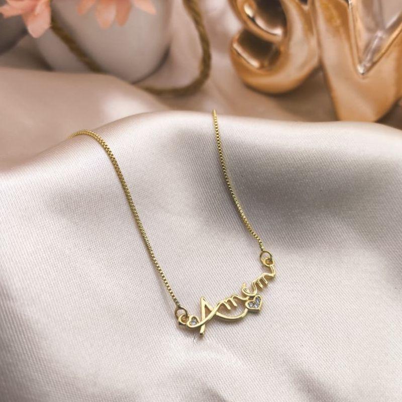 COLAR COM NOME AMEM E CORAÇÃO CRAVEJADO EM MICRO ZIRCONIA