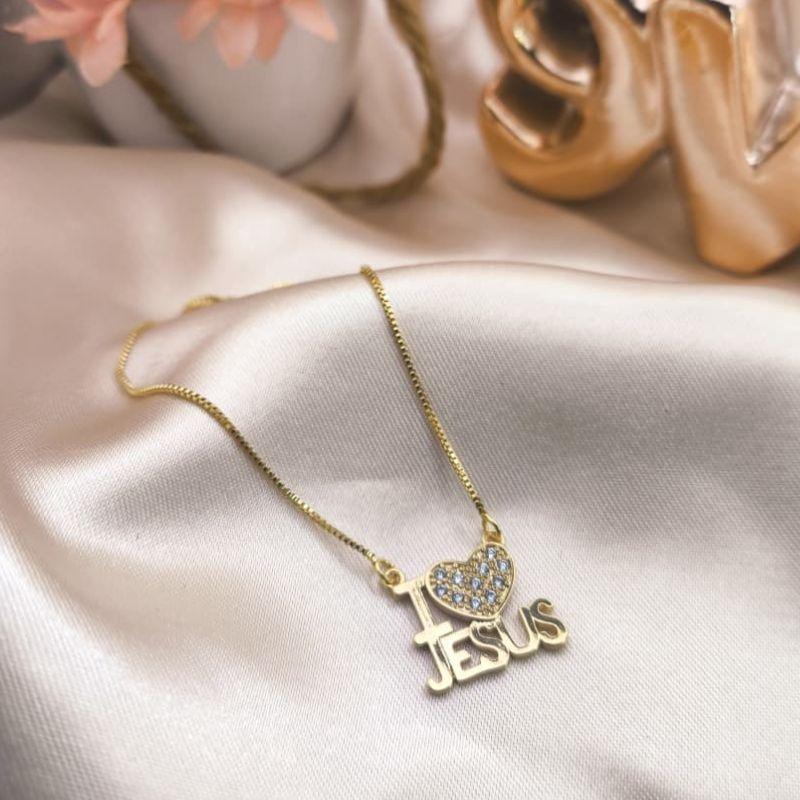 COLAR COM NOME JESUS E CORAÇÃO CRAVEJADO EM MICRO ZIRCONIA