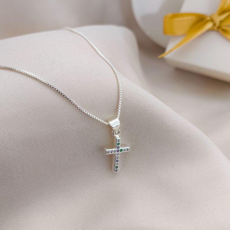 COLAR DE CRUZ COM PEDRAS EM MICRO ZIRCONIA COLORIDAS