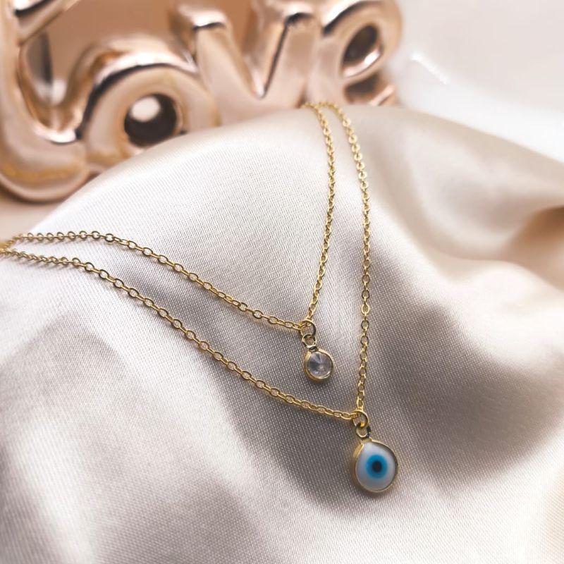 COLAR DUPLO ELO PORTUGUES COM PINGENTE DE OLHO GREGO E PONTO DE LUZ