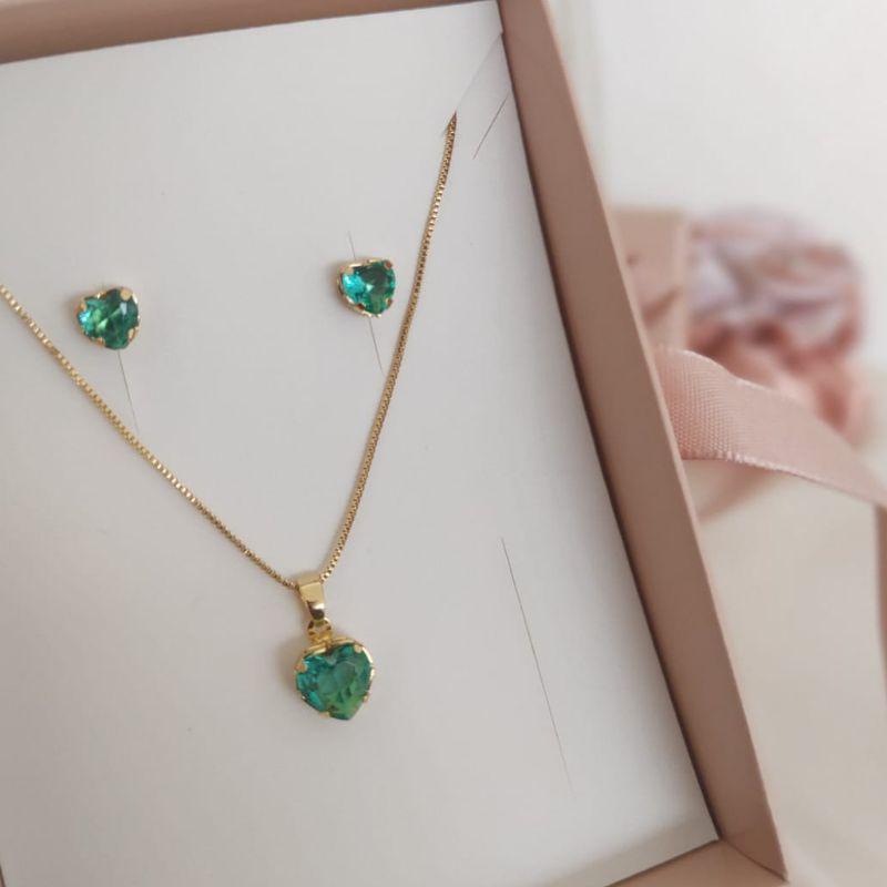 CONJUNTO CORAÇÃO PEDRA VERDE ZIRCONIA