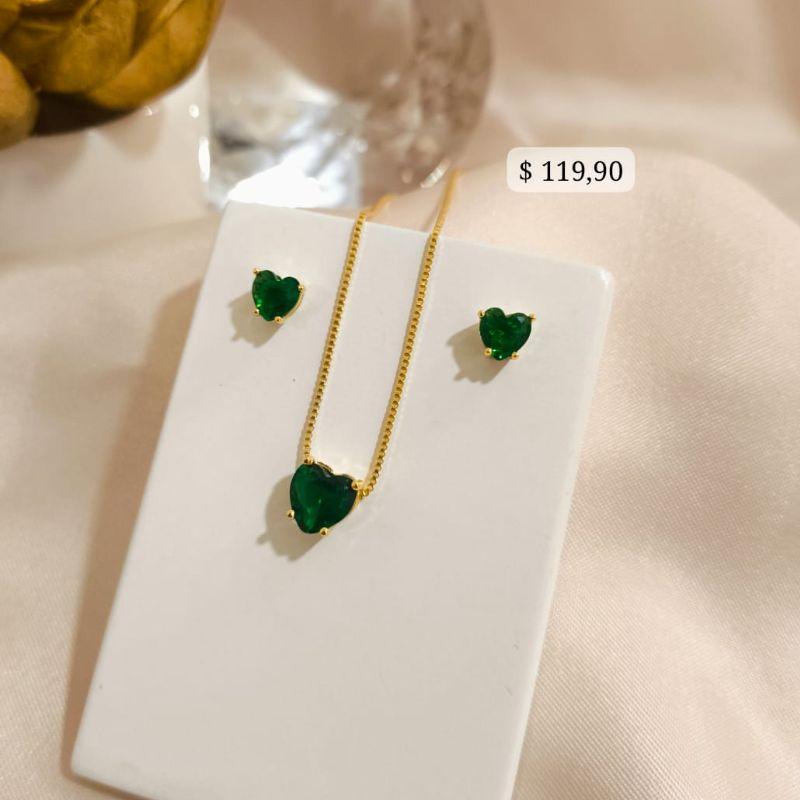 CONJUNTO DE CORAÇÃO PEDRA VERDE