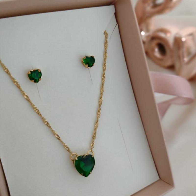 CONJUNTO DE CORAÇÃO PEDRA VERDE